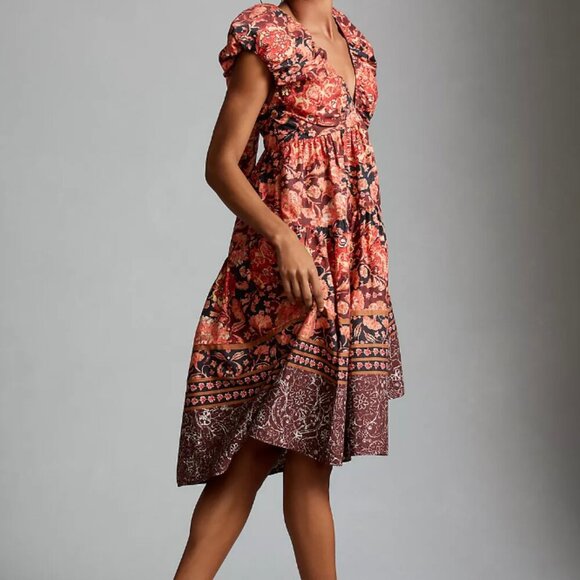 Anthropologie Floral Midi Dress - Orange and Brown - Picture 4 of 12
